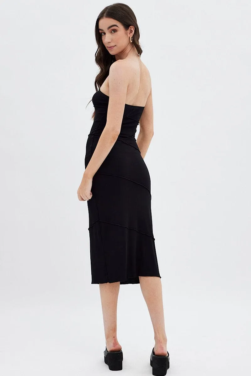 Relaxed Appearance Summer Picnic Black Ribbed Bodycon Midi Dress
