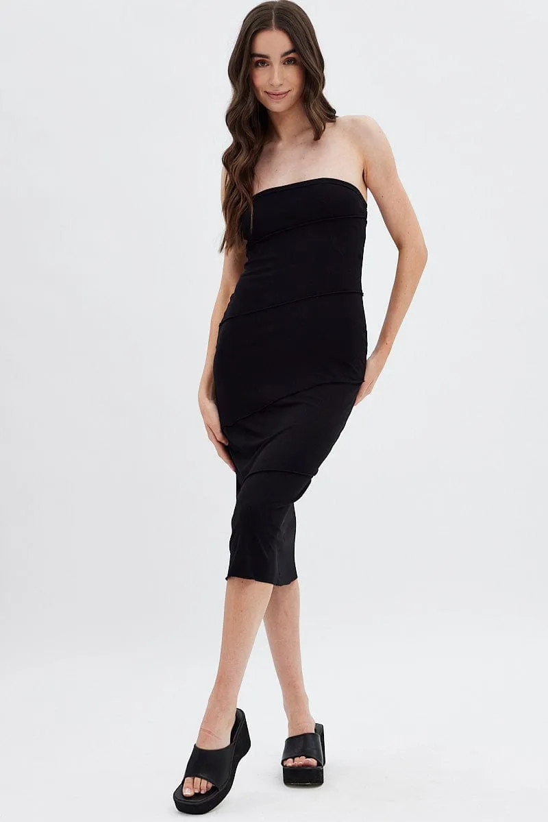 Black Ribbed Bodycon Midi Dress Sleek Silhouette Wardrobe Staple