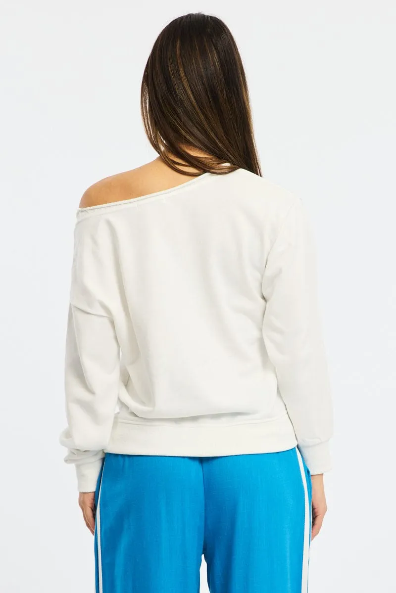 Practical Wear Fresh Sporty White Off Shoulder Sweater Long Sleeve