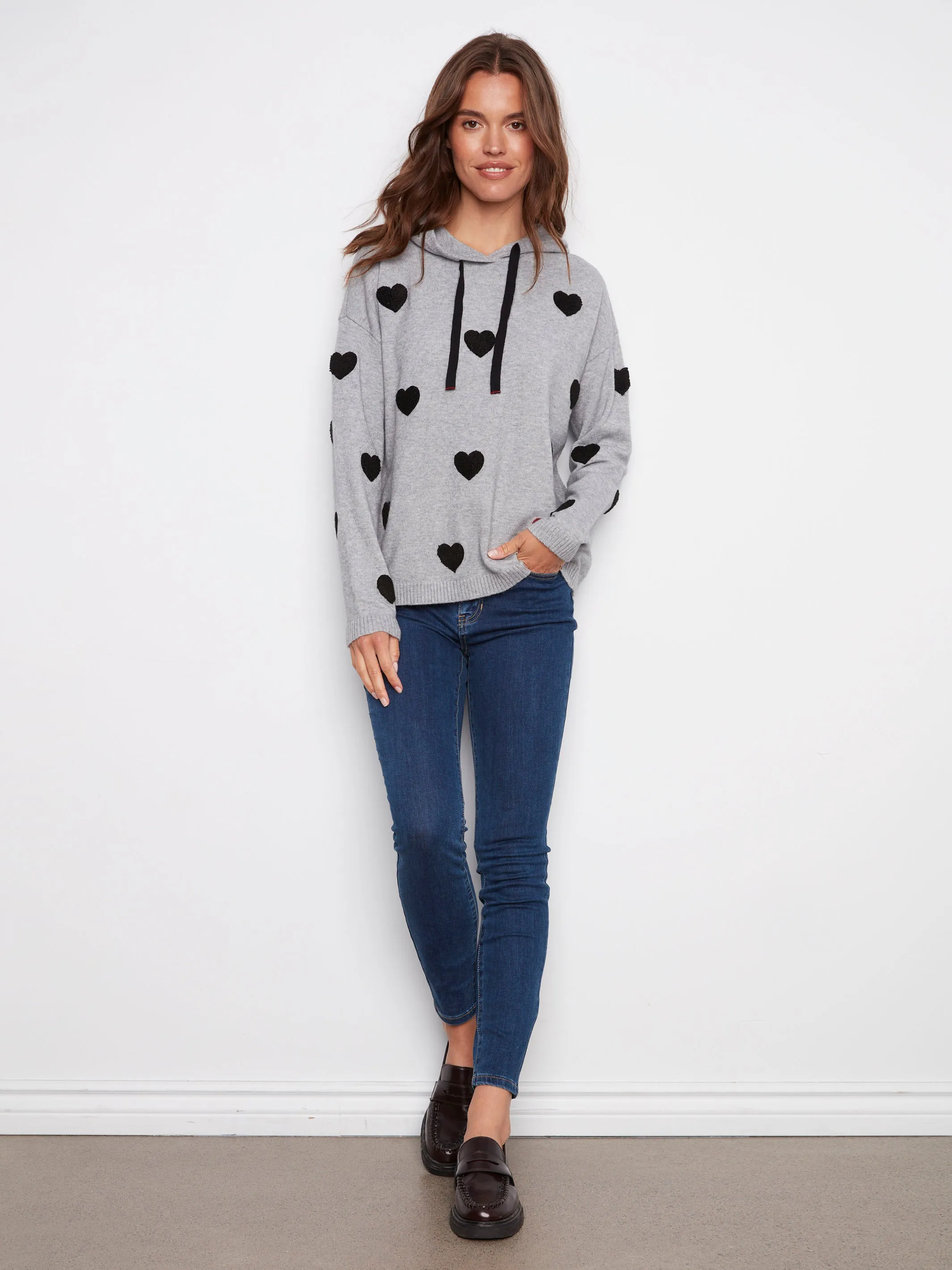 Embroidered Hearts Hoodie Sweater - Heather Grey Knitwear Essential Four Way Stretch Fabric