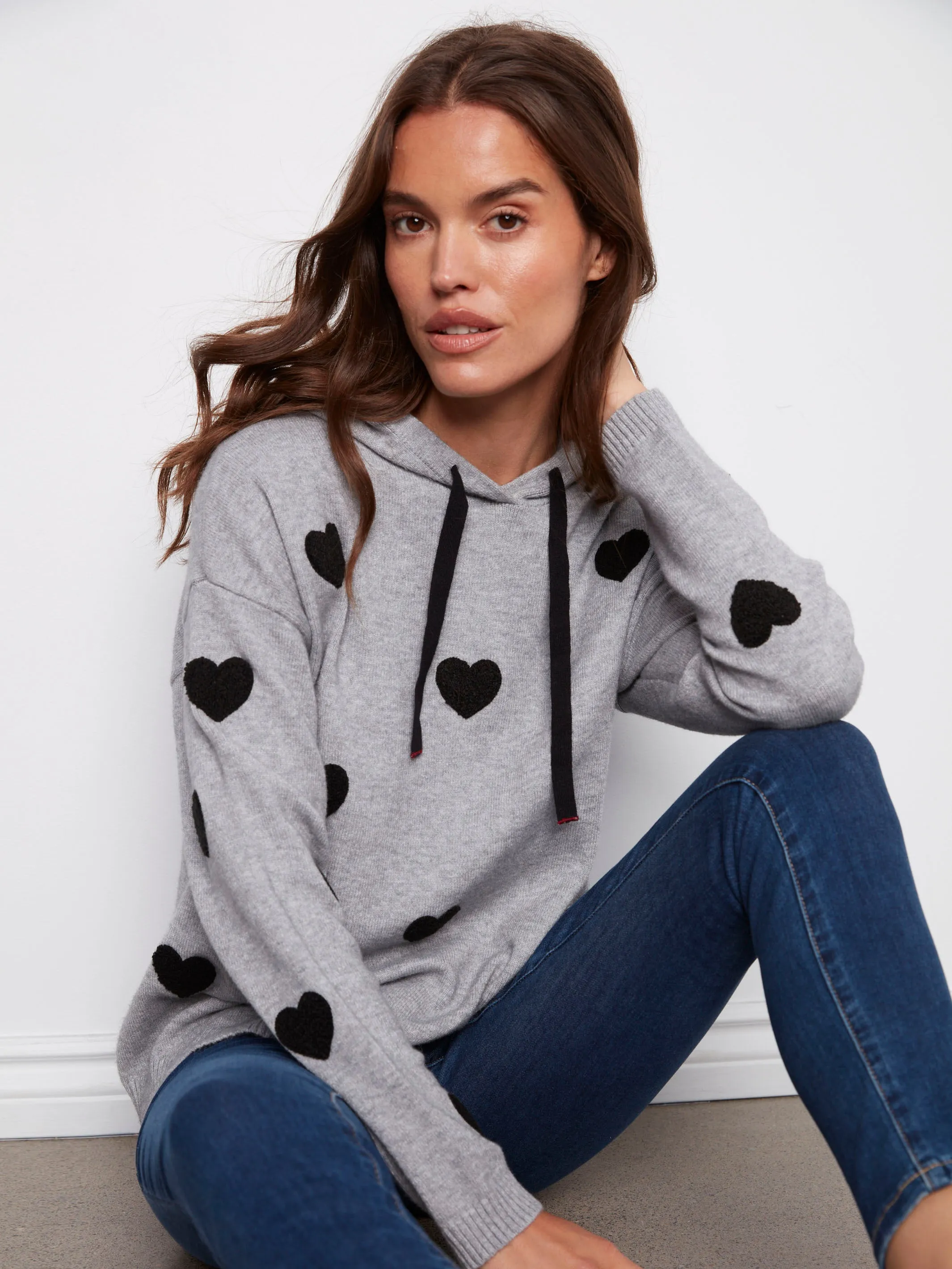 Embroidered Hearts Hoodie Sweater - Heather Grey Casual Knit