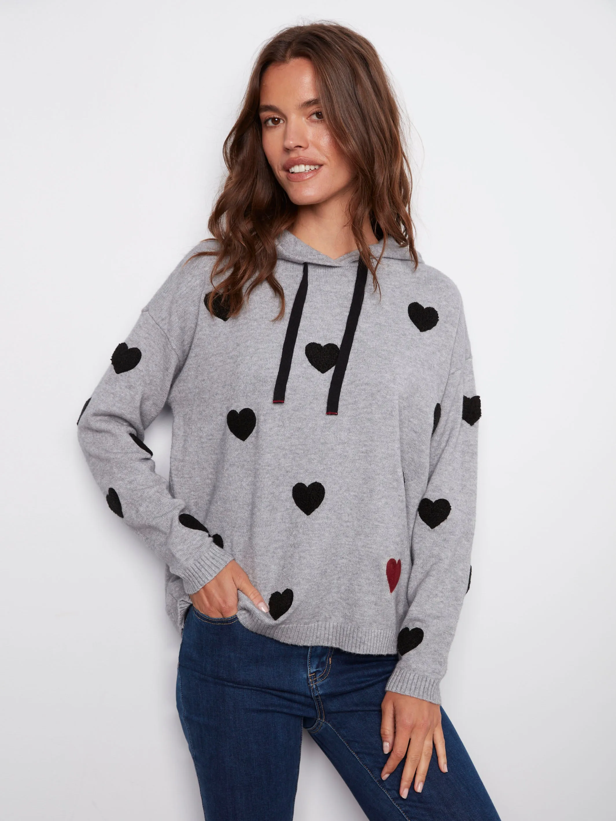 Timeless Style Cozy and Soft Embroidered Hearts Hoodie Sweater - Heather Grey