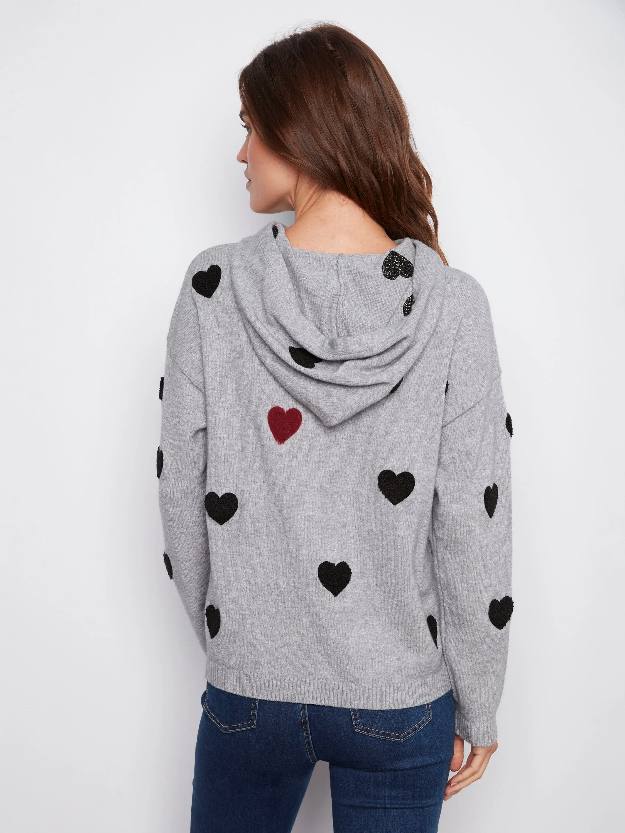 Vintage Wash Finish Embroidered Hearts Hoodie Sweater - Heather Grey