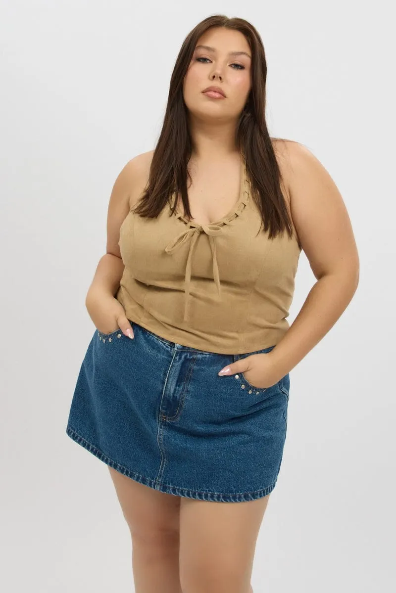 Denim Skorts Skirt High Rise Stud Detail color block