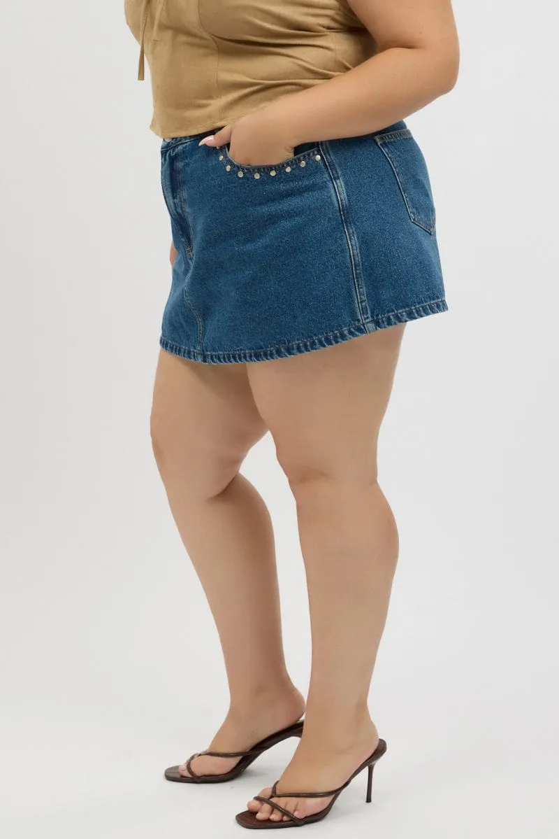 Denim Skorts Skirt High Rise Stud Detail Glossy Texture
