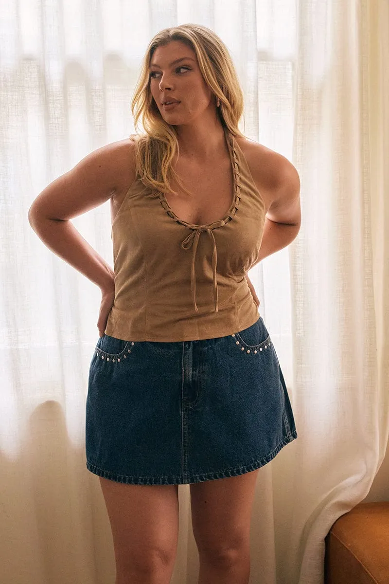 premium fabric Denim Skorts Skirt High Rise Stud Detail