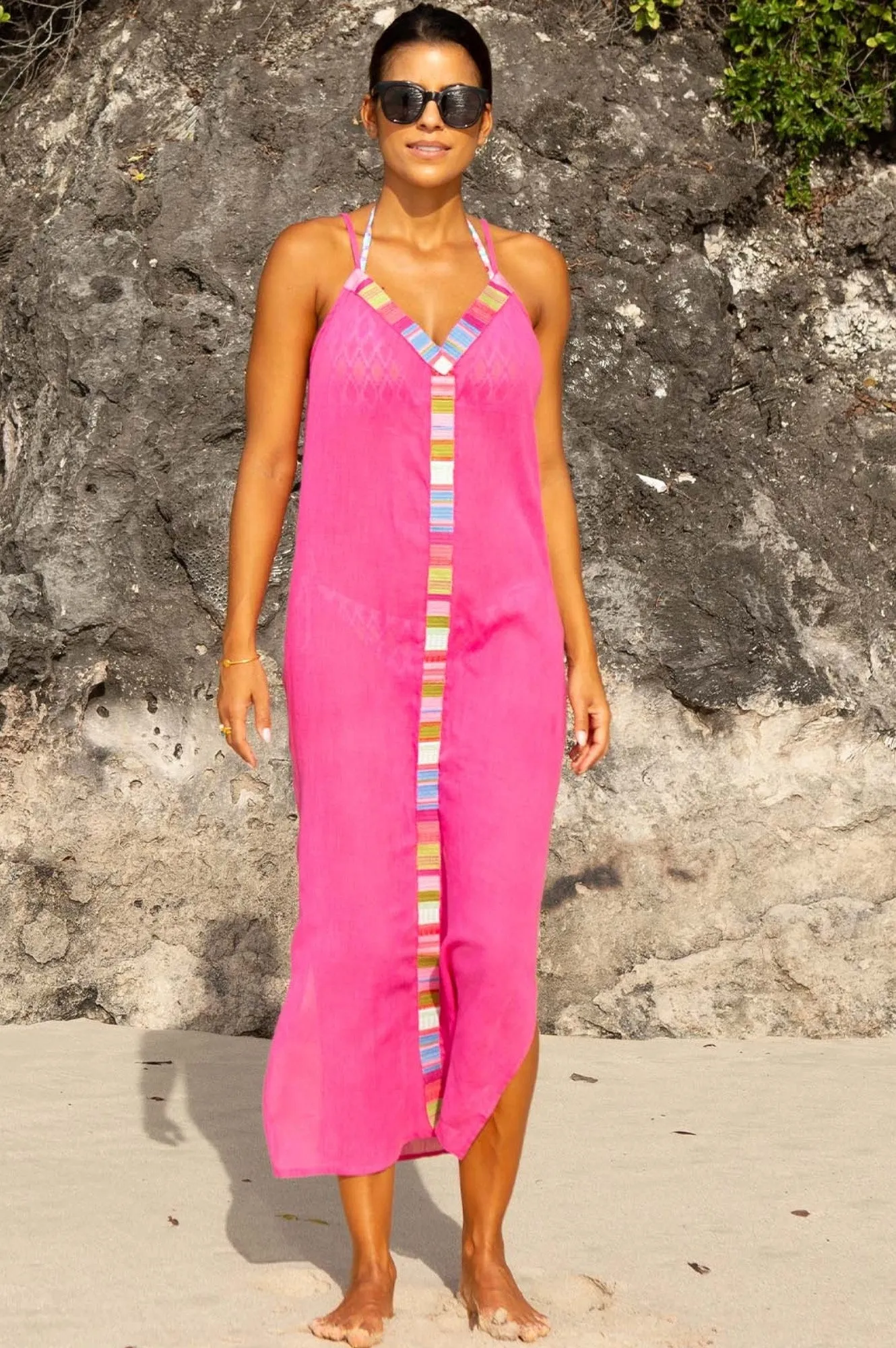 Ipanema Embroidered Dress | Pink/Multi Fall Path wrap waist