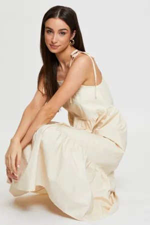 Easy Match Beige Midi Dress Sleeveless Tie Shoulder