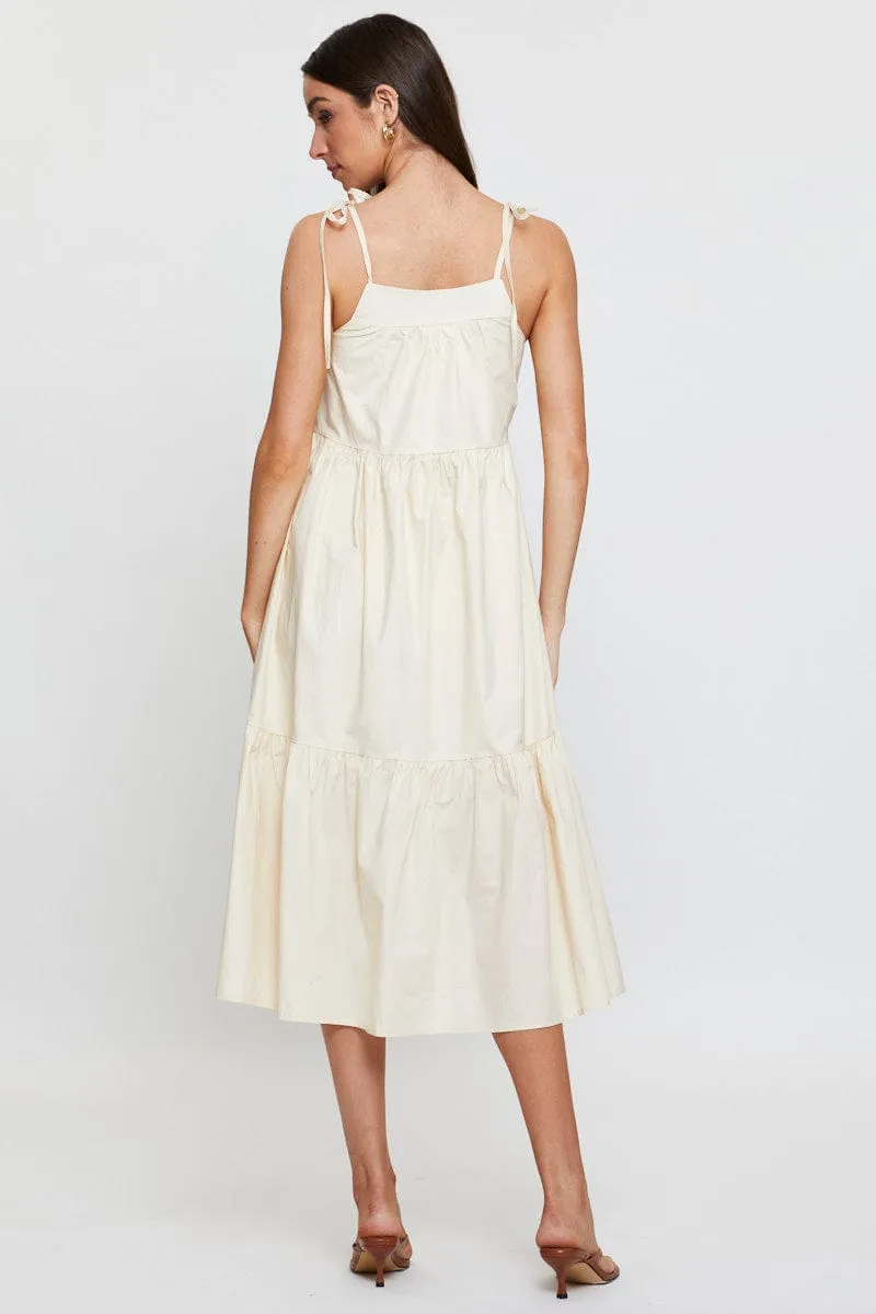 Beige Midi Dress Sleeveless Tie Shoulder Fun floral midi gown Comfortable Wardrobe