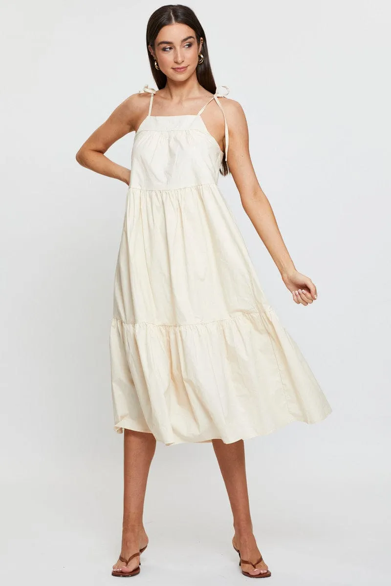 Beige Midi Dress Sleeveless Tie Shoulder summer breeze subtle style