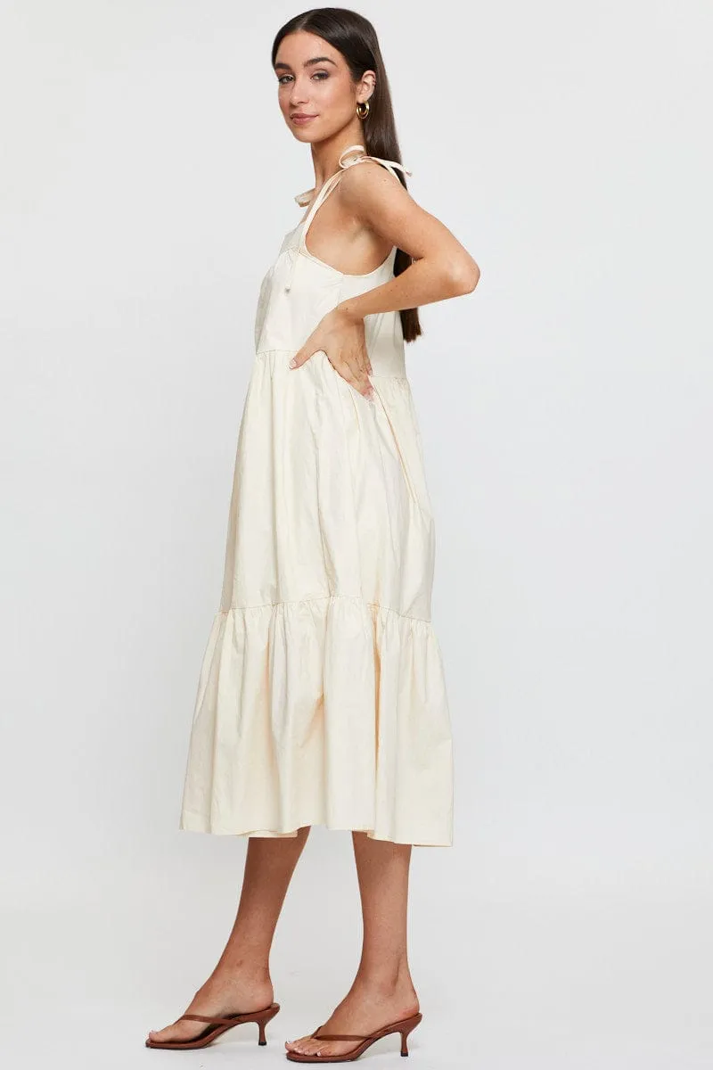 Beige Midi Dress Sleeveless Tie Shoulder All Day Weekend Ready