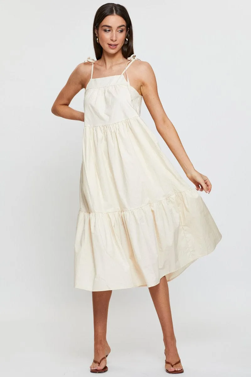 Beige Midi Dress Sleeveless Tie Shoulder Sleek Fashion Friend Wedding