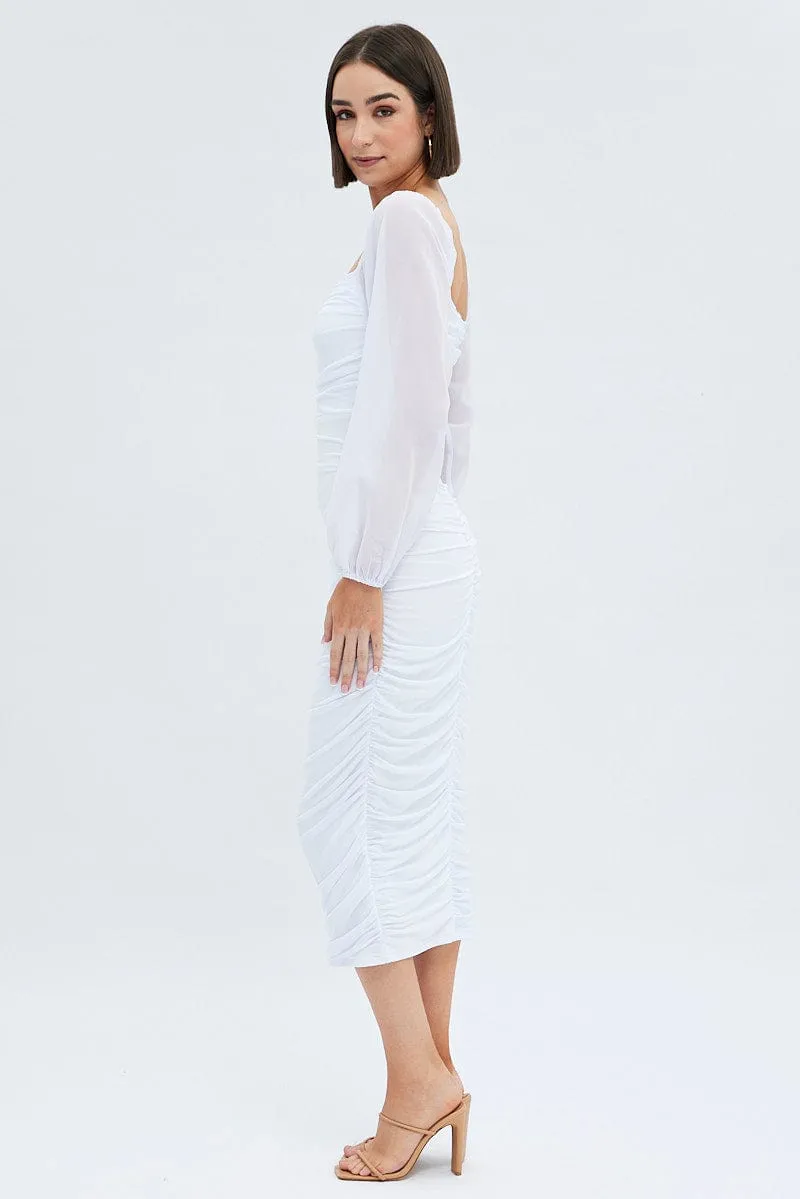 White Midi Dress Long Sleeve Square Neck Ruched Bodycon Classic Smart Grass Smell
