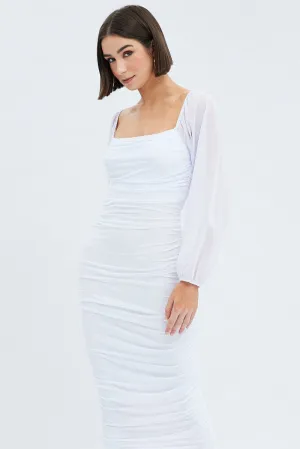 light layering Polished Attire White Midi Dress Long Sleeve Square Neck Ruched Bodycon