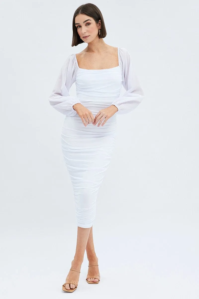 White Midi Dress Long Sleeve Square Neck Ruched Bodycon Brunch Ready
