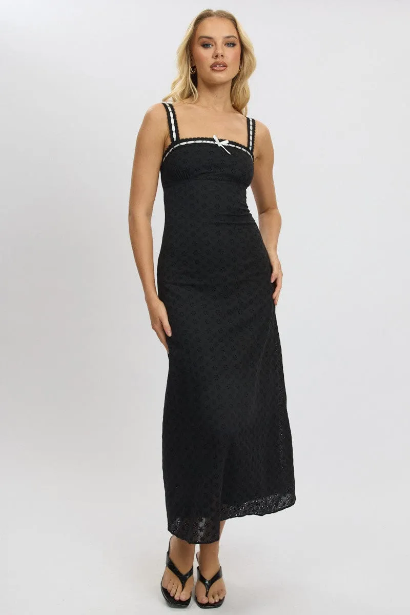 Black Midi Dress Lace Trim Sleeveless Eyelet Fabric Classic silhouette dress Cherry Grove