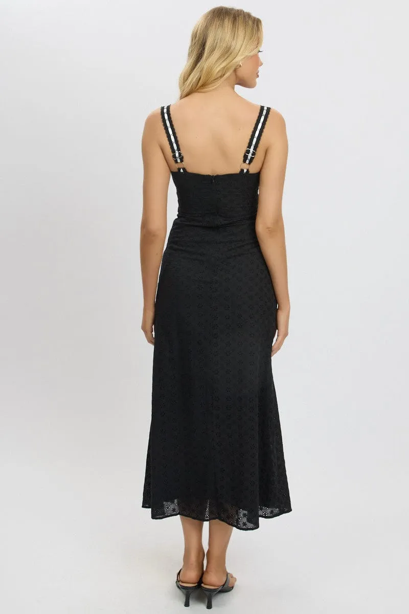 Fashionable knee-length piece Black Midi Dress Lace Trim Sleeveless Eyelet Fabric