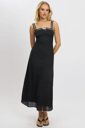 Modern Comfort Black Midi Dress Lace Trim Sleeveless Eyelet Fabric