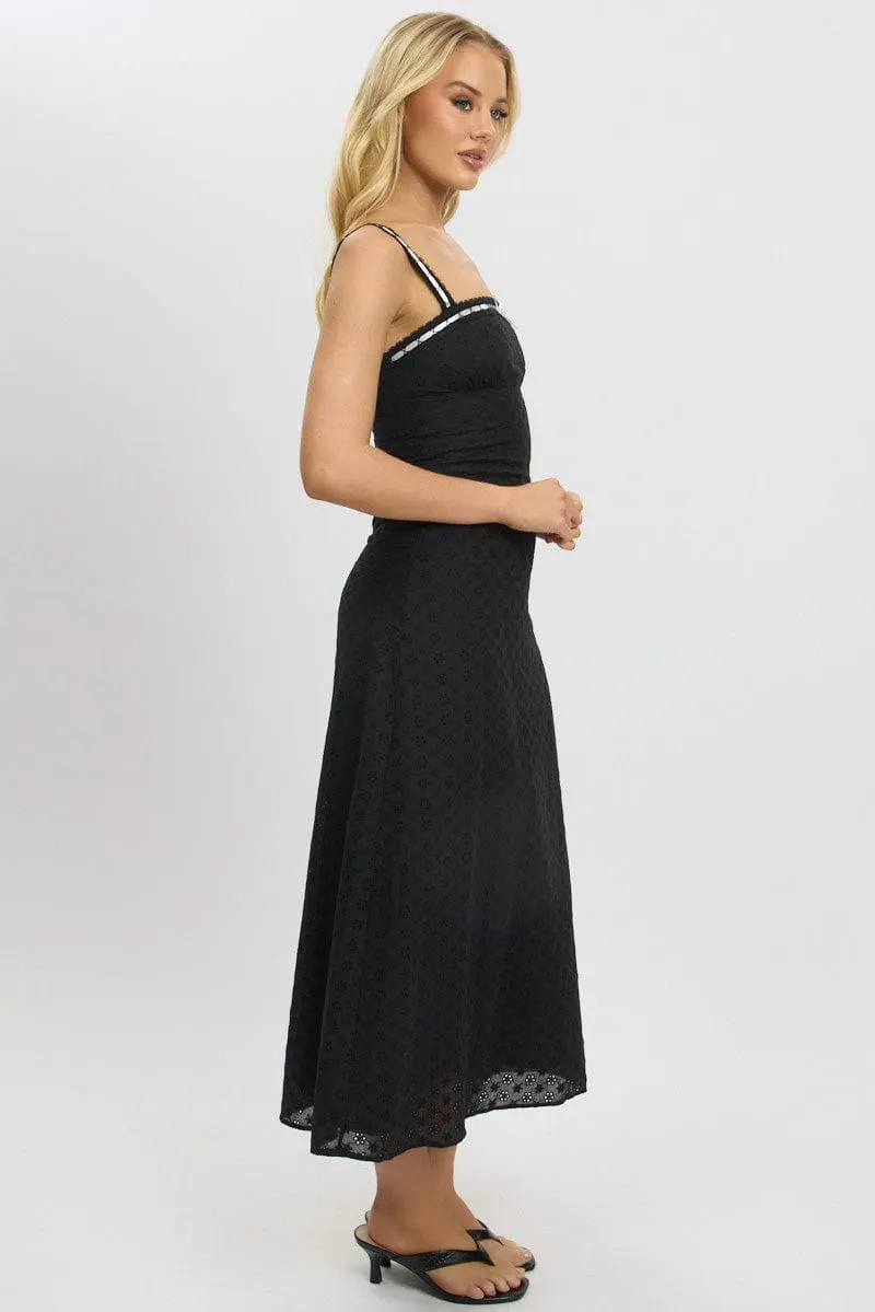 Soft draping fabric dress Black Midi Dress Lace Trim Sleeveless Eyelet Fabric