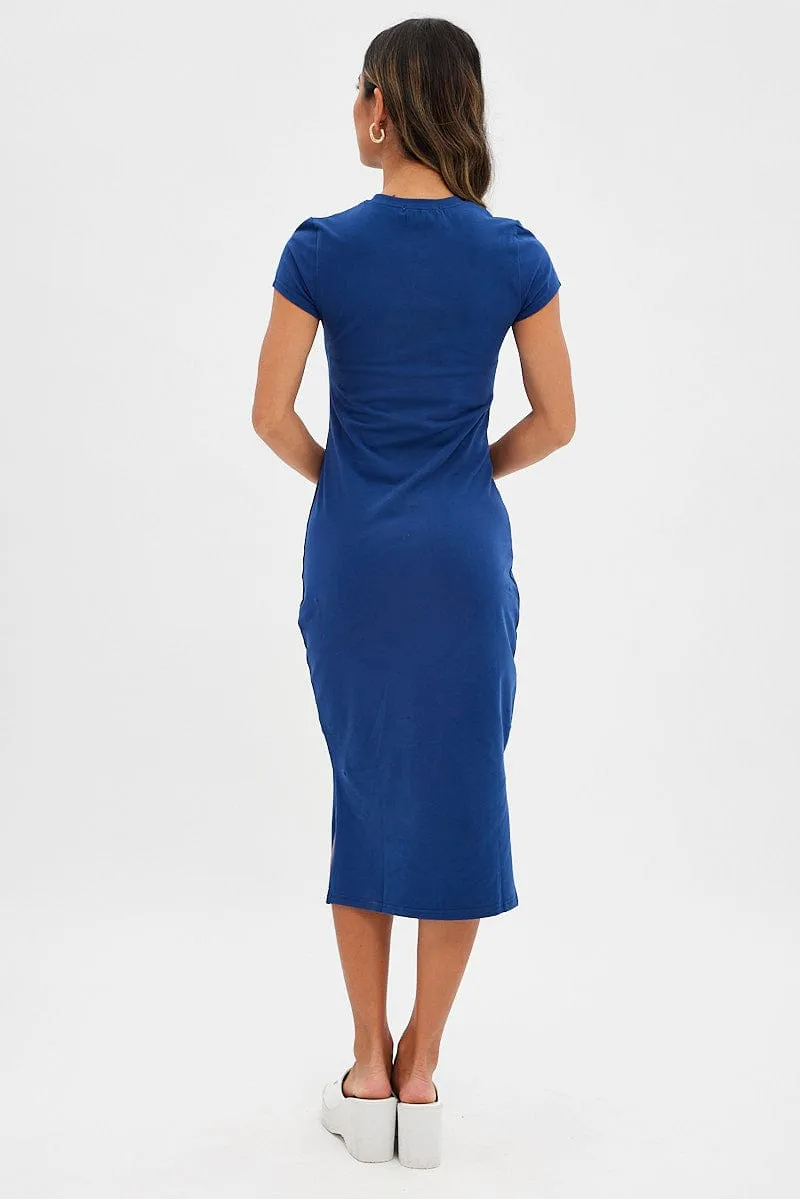 Day-To-Night Wear Blue Midi Dress Short Sleeve Crew Neck Bodycon Eagle