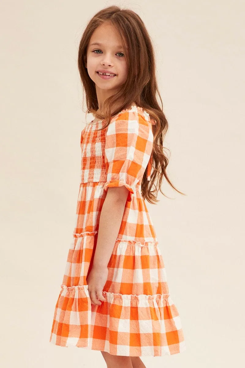 Orange Check Kids Midi Dress Short Sleeve Square Neck Casual Wear Seasonal Wardrobe