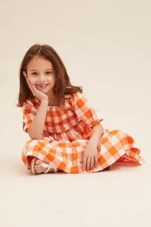 Orange Check Kids Midi Dress Short Sleeve Square Neck Fun and flirty dress