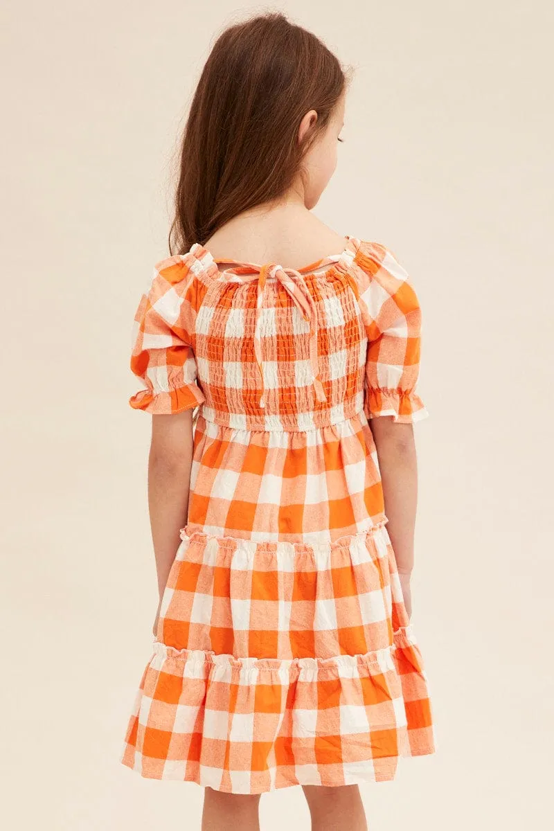 Orange Check Kids Midi Dress Short Sleeve Square Neck Stylish Essentials Sophisticated mid-calf gown