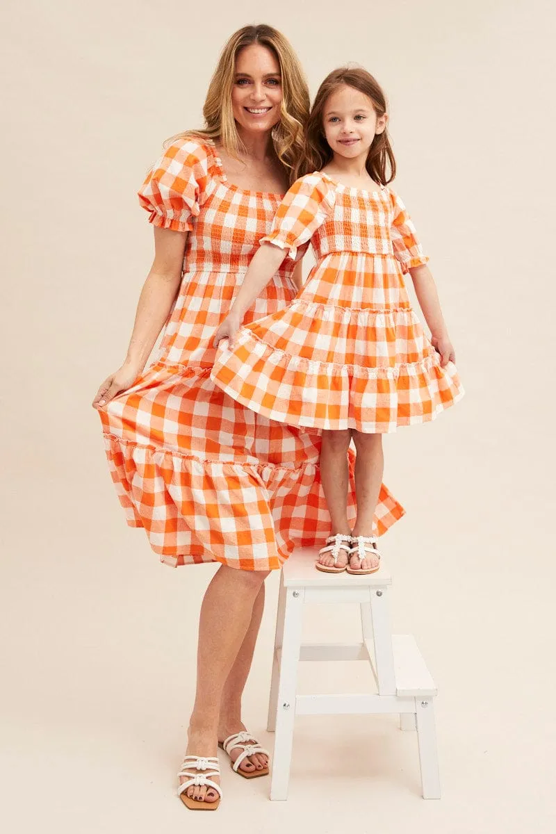 Orange Check Kids Midi Dress Short Sleeve Square Neck Chorus Night Southern Belle