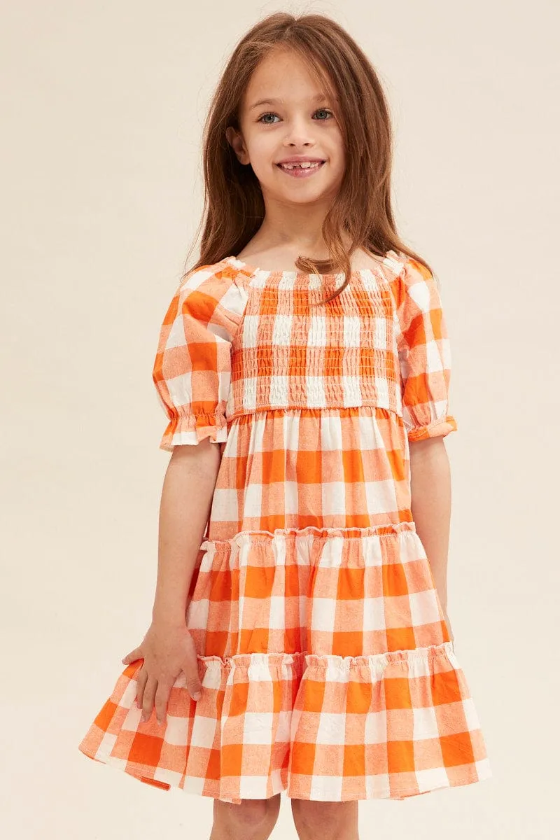 Orange Check Kids Midi Dress Short Sleeve Square Neck Flowy mid-length piece