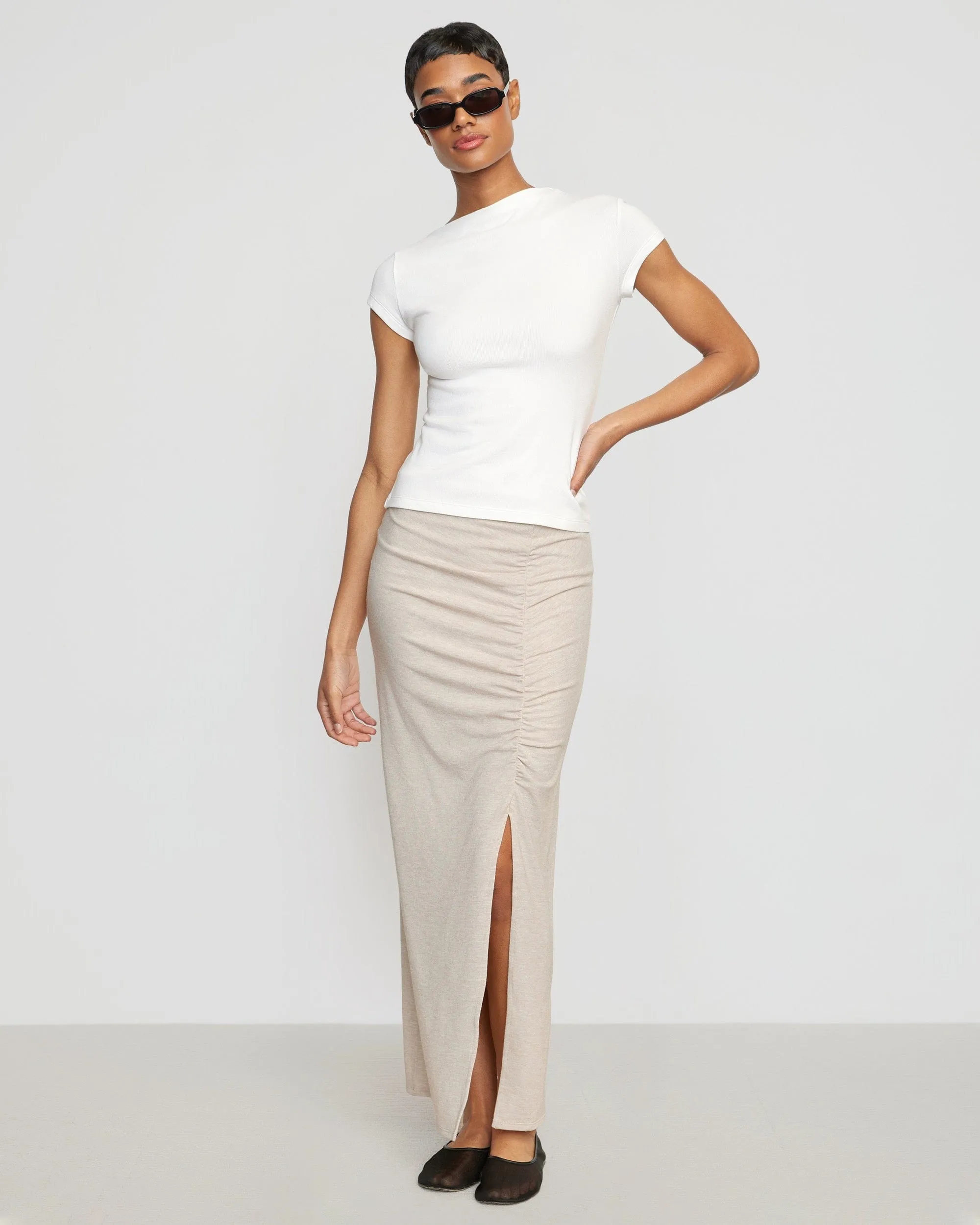 Kiki Ruched Side-Slit Midi Skirt Chill Feel
