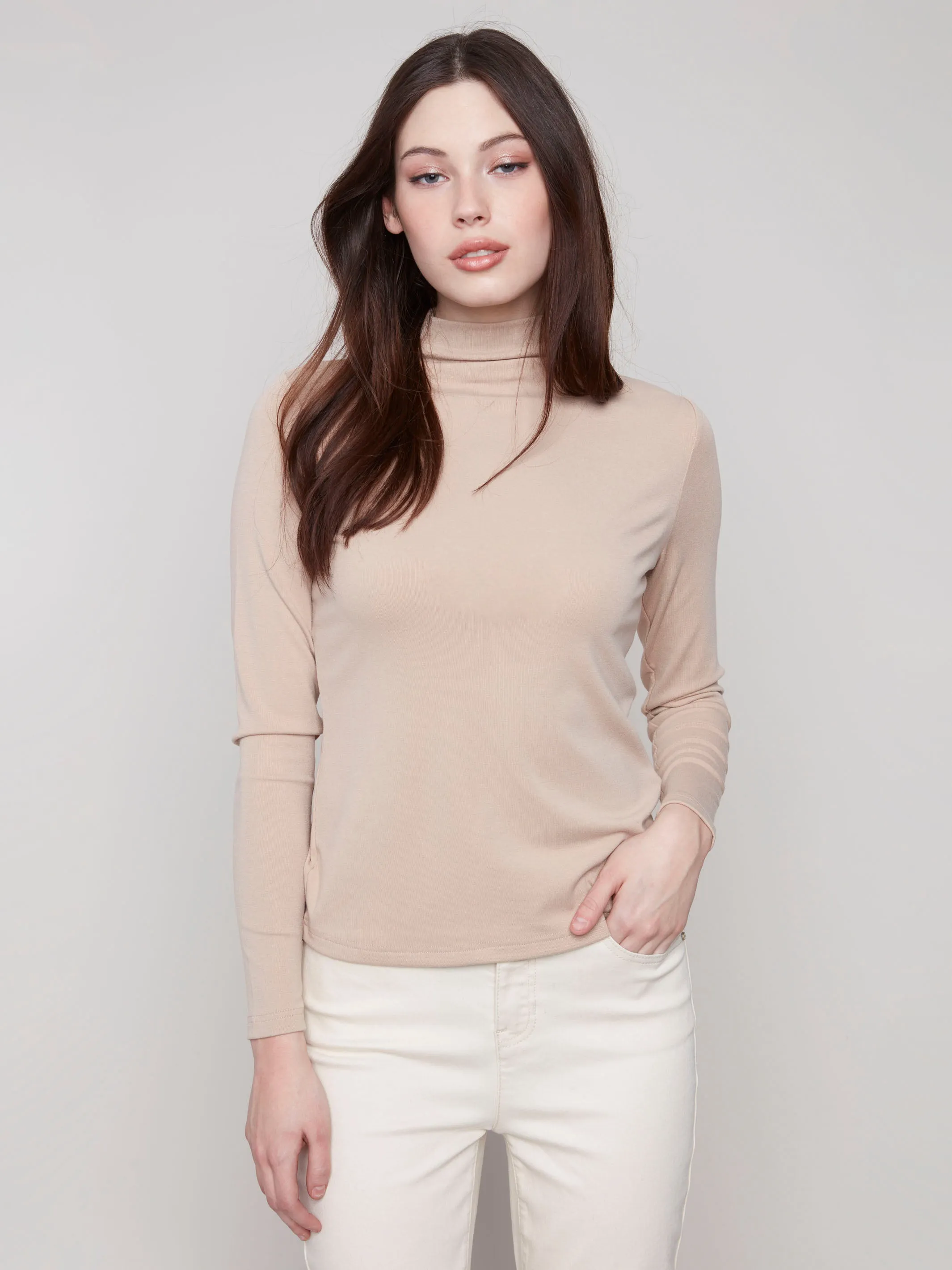 Wrinkle-Free All-Purpose Comfort Long Sleeve Mock Neck Top - Sesame