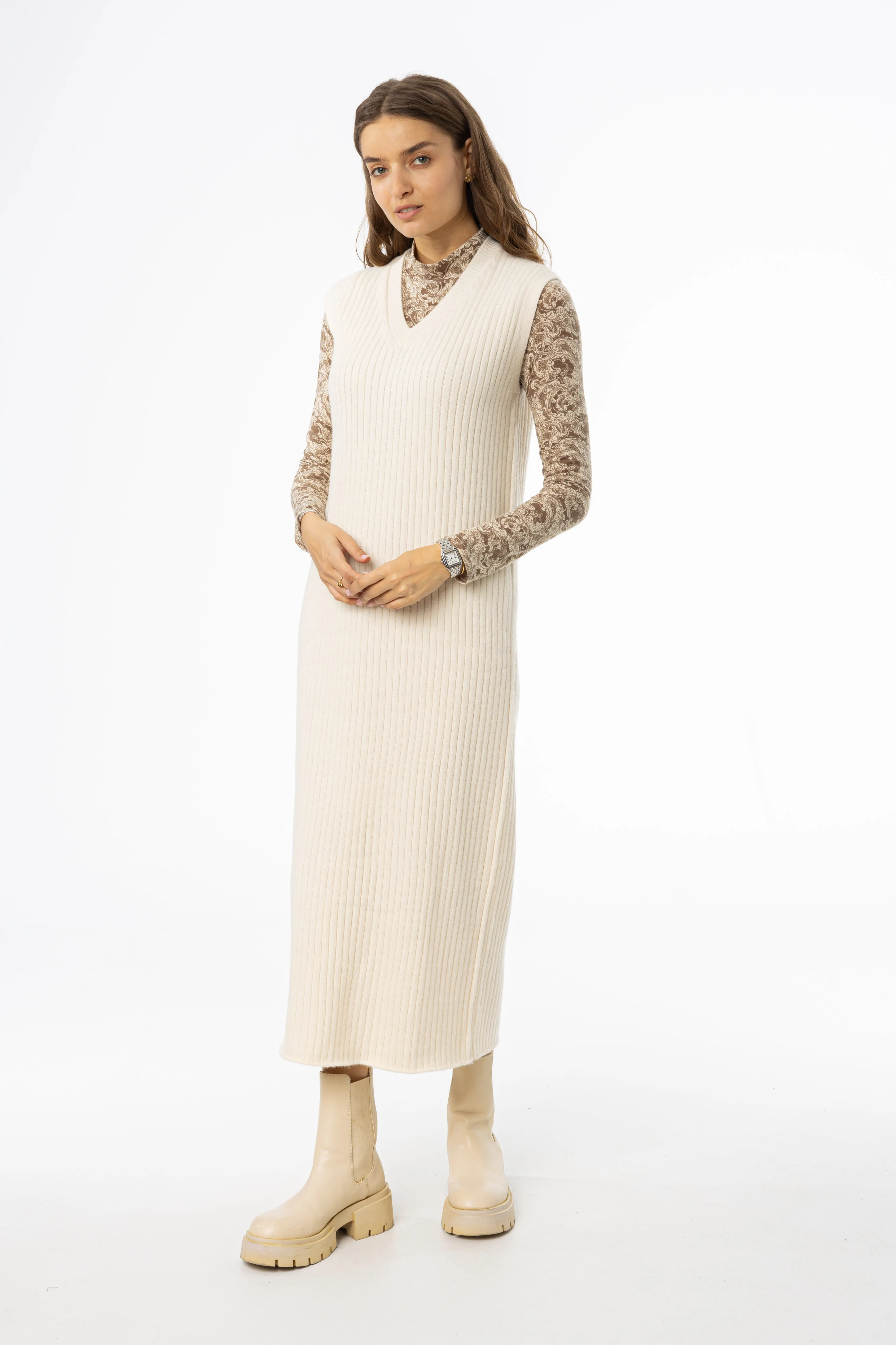 Flexible Fabric Blend Cream V Neck Knit Maxi Dress