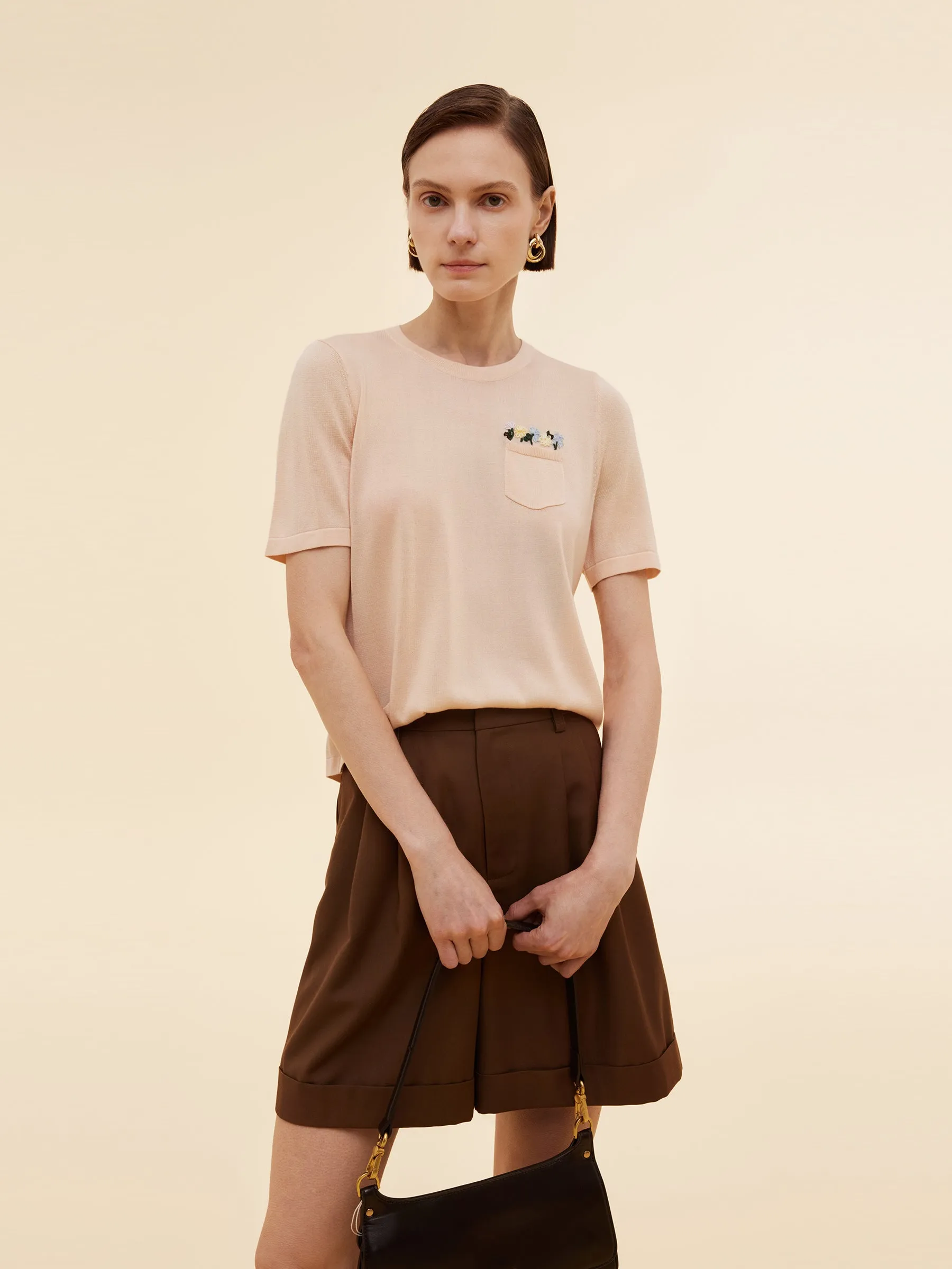 Urban Casual Look Casual Comfort Look Tencel Acetate Blend Floral Embroidered Women Knit T-Shirt