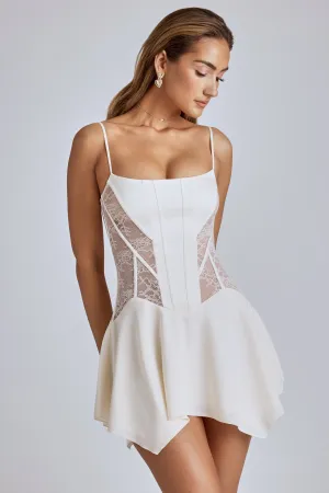 Elastic cuffs Lace Handkerchief Hem Mini Dress in Ivory