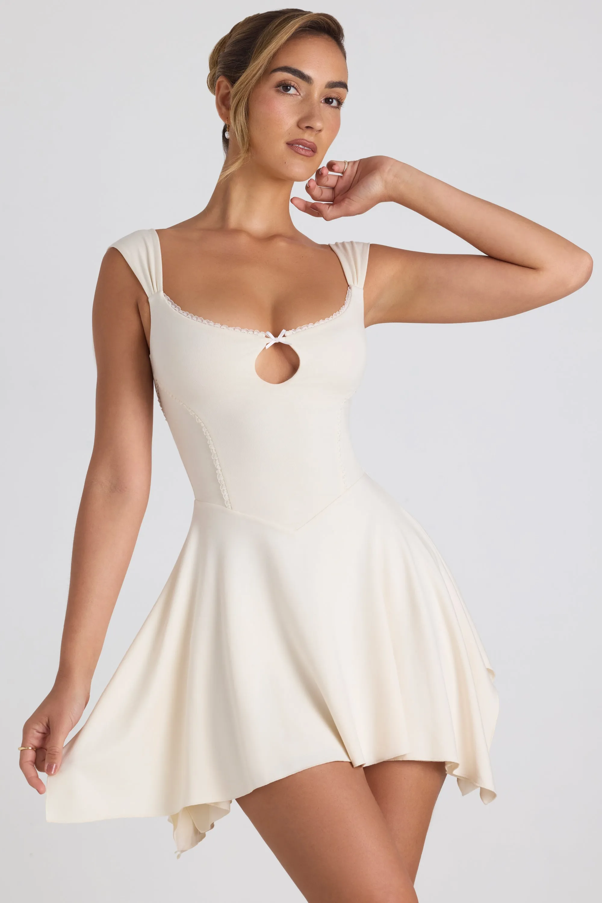 Minimalist Closure Modal Asymmetric Lace-Trim A-Line Mini Dress in Ivory