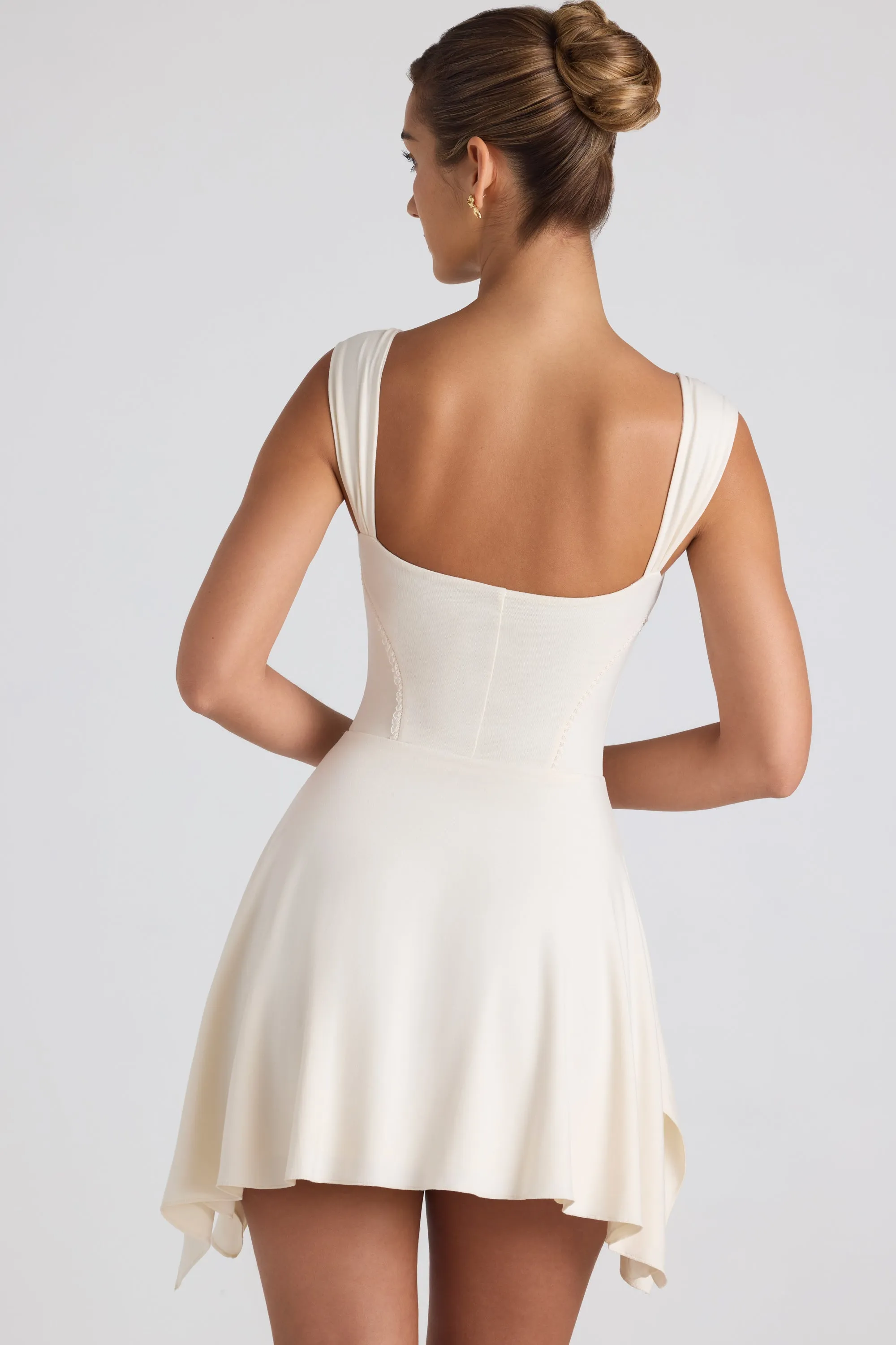 Modal Asymmetric Lace-Trim A-Line Mini Dress in Ivory Light Soft Effortless Wear