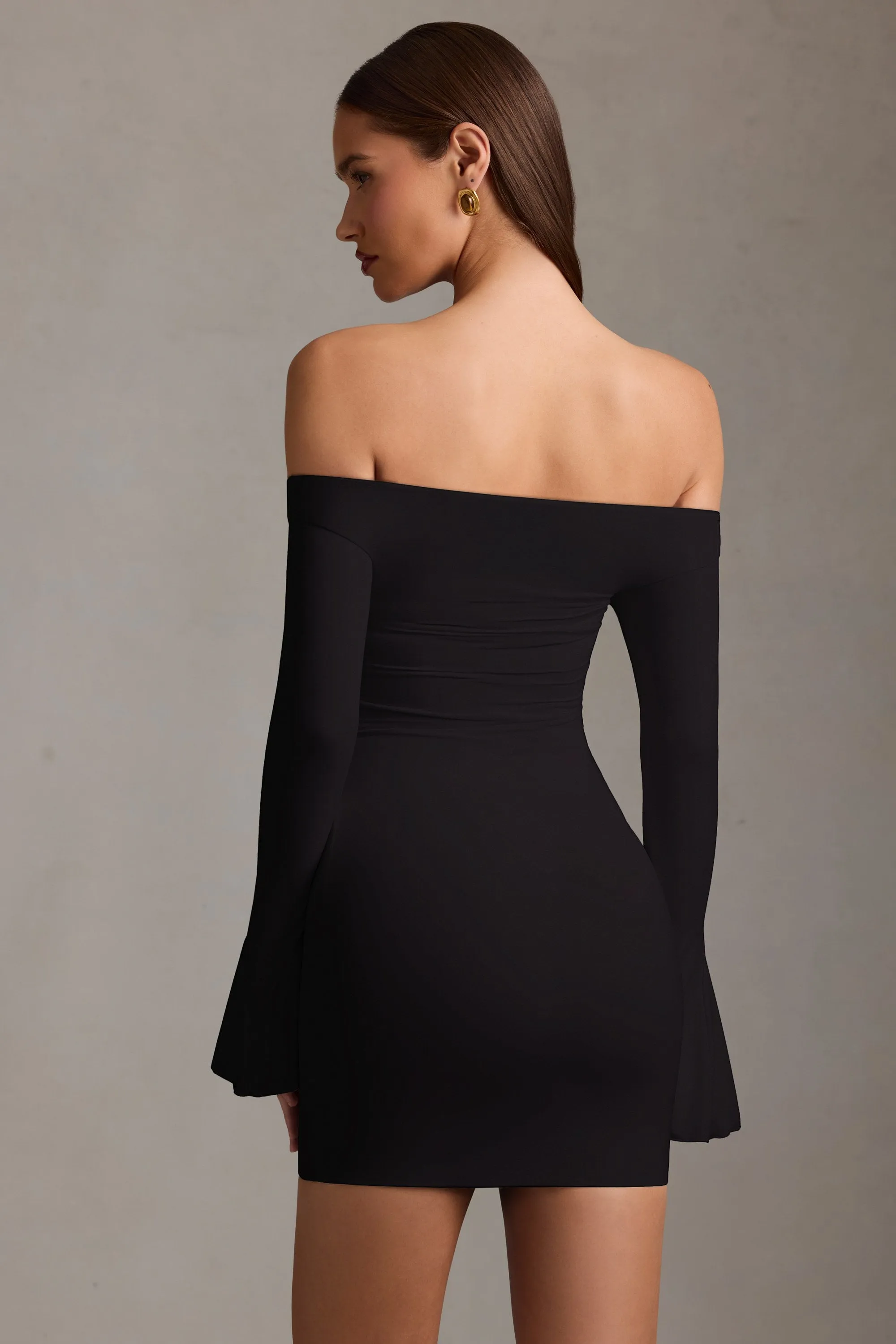 Off-Shoulder Cut-Out Mini Dress in Black Yoke Back Construction Tear Resistant