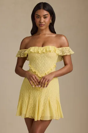Weekend Ready Look Off-Shoulder Lace A-Line Mini Dress in Pastel Yellow