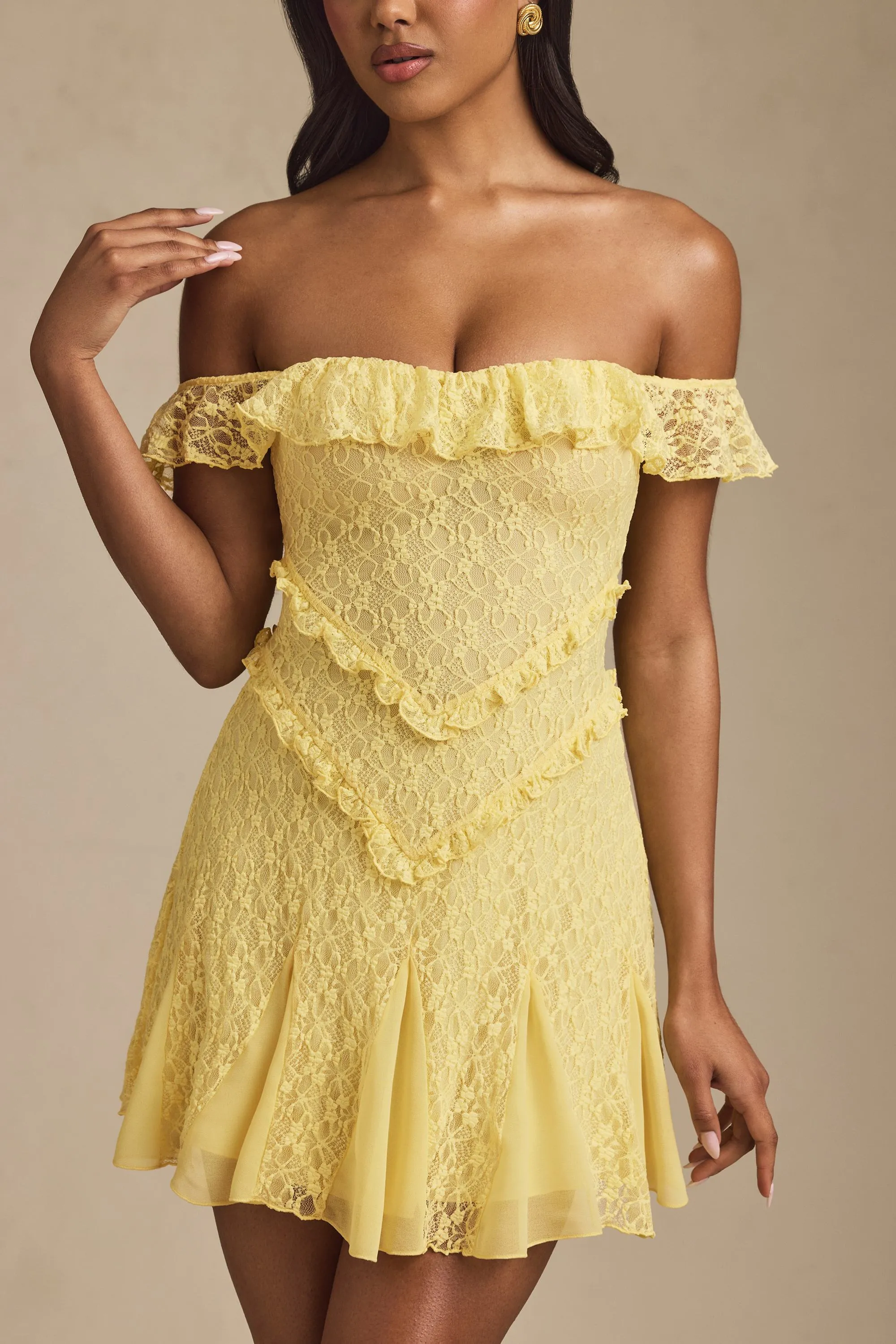 Off-Shoulder Lace A-Line Mini Dress in Pastel Yellow Flash Glow