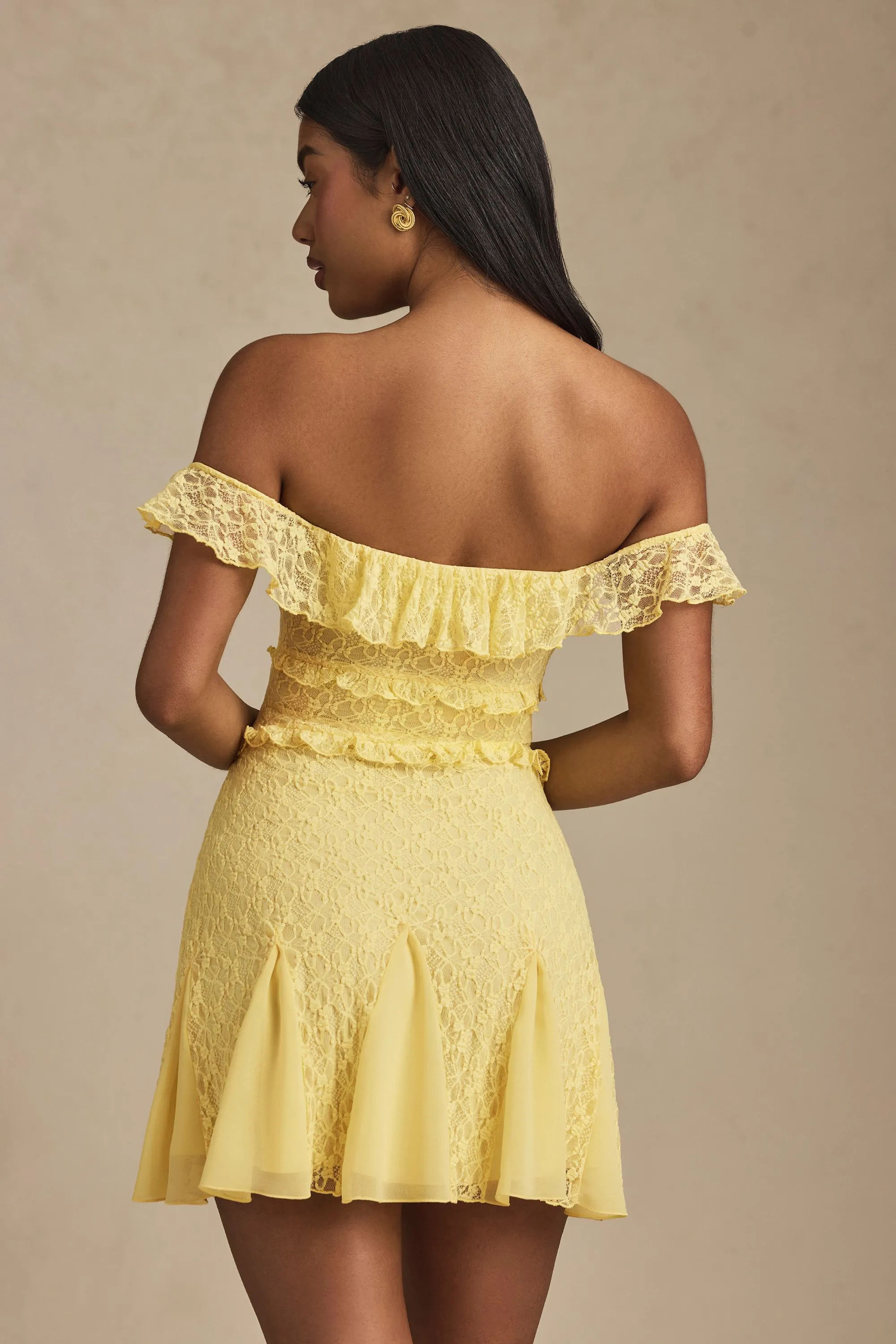 Edge Shine Off-Shoulder Lace A-Line Mini Dress in Pastel Yellow