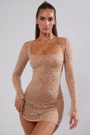 Effortless Wear Star Warm Sheer Embellished Long Sleeve A-Line Mini Dress in Almond