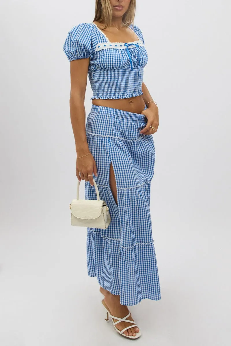 Urban Mood Blue Check Tiered Maxi Skirt Elastic Waist Slit Ruffle