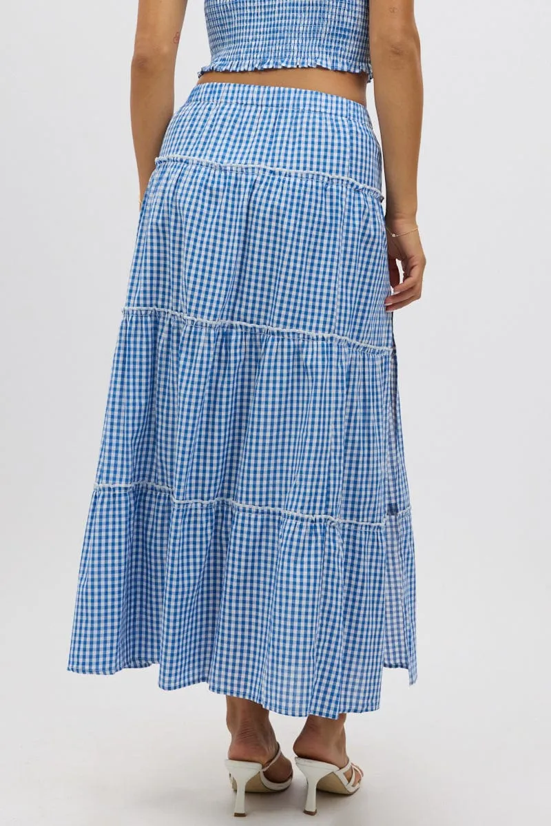 Road Trip Erasable Crease Blue Check Tiered Maxi Skirt Elastic Waist Slit Ruffle