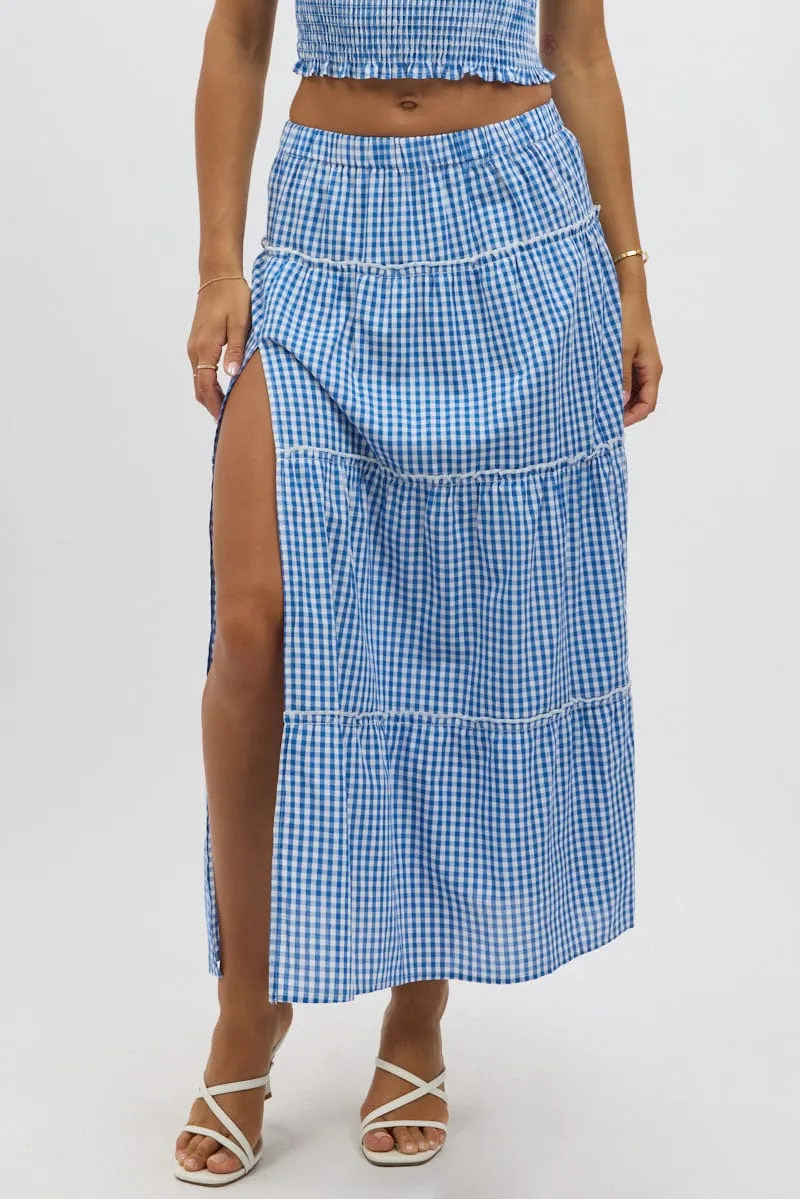 Blue Check Tiered Maxi Skirt Elastic Waist Slit Ruffle Outfit Moodset