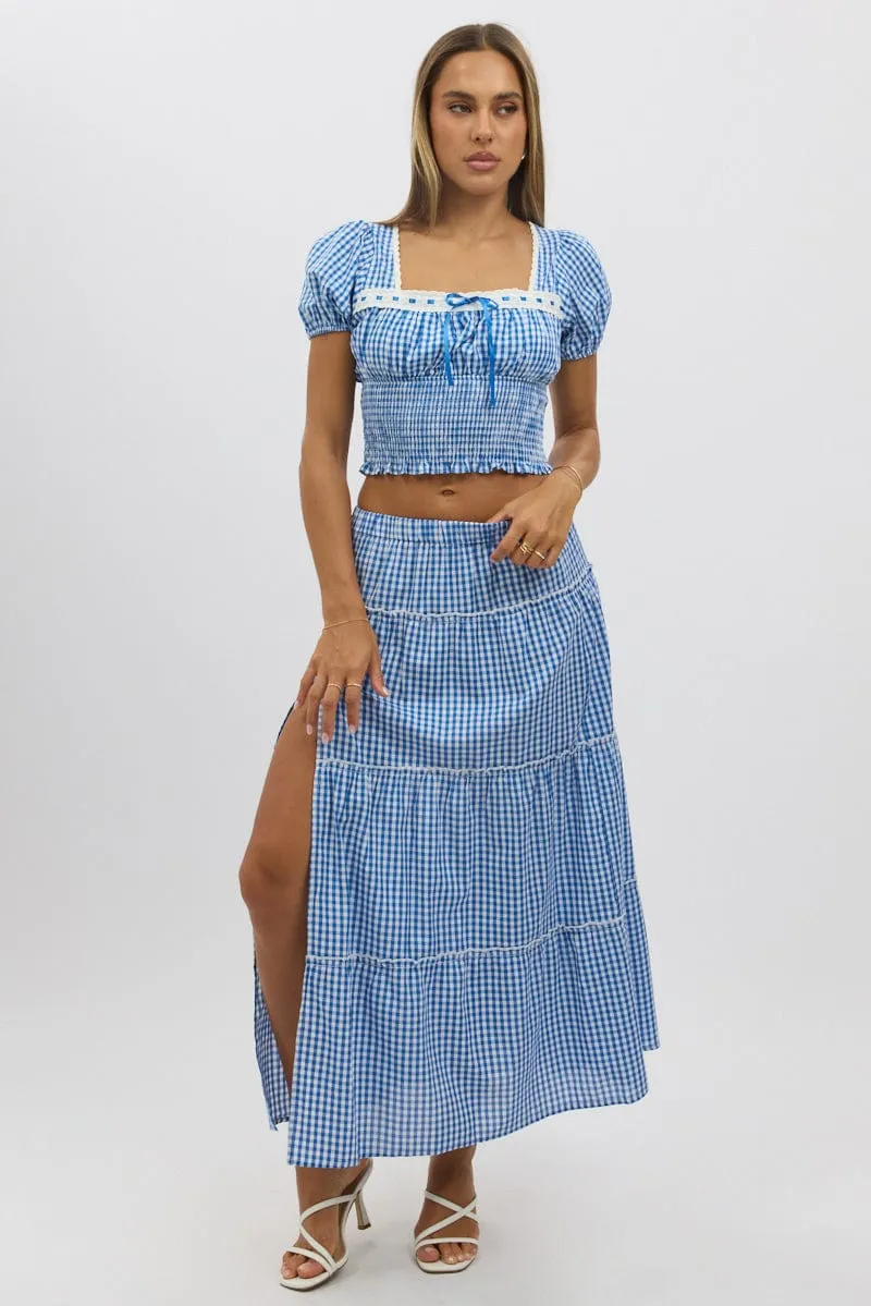 Blue Check Tiered Maxi Skirt Elastic Waist Slit Ruffle Laidback Style Durable Hem