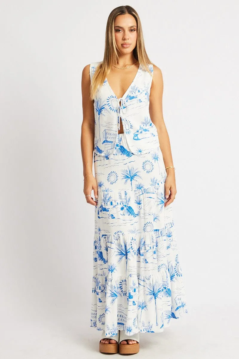 Blue Abstract Maxi Skirt Tiered High Rise Elastic Waistband High low hem