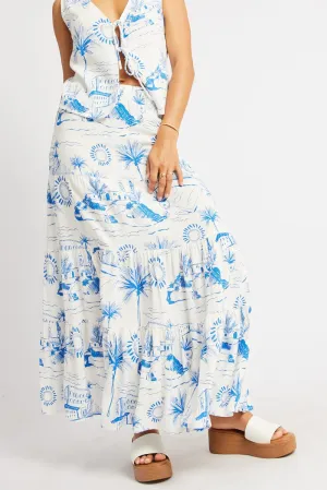 Fashion Style Blue Abstract Maxi Skirt Tiered High Rise Elastic Waistband