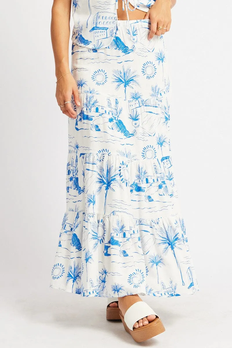 Timeless Touch Blue Abstract Maxi Skirt Tiered High Rise Elastic Waistband