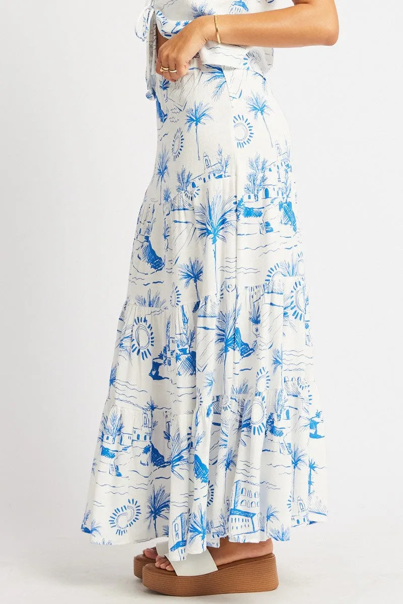 Blue Abstract Maxi Skirt Tiered High Rise Elastic Waistband Stretch Material