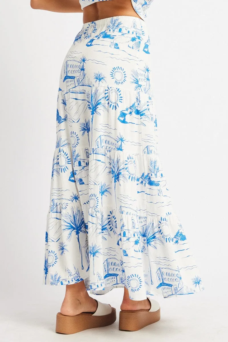 Essential Style Blue Abstract Maxi Skirt Tiered High Rise Elastic Waistband